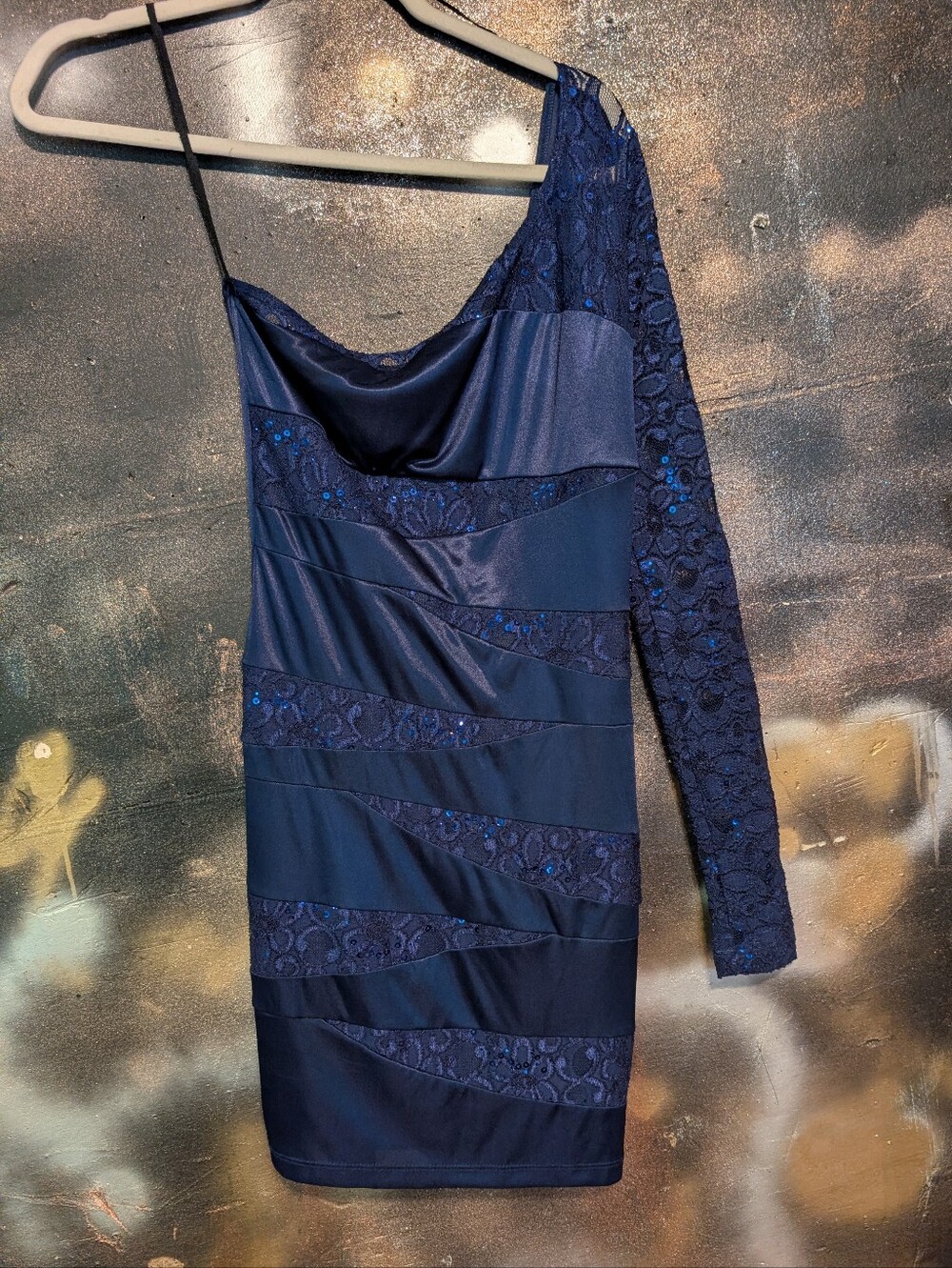 Ruby Rox Navy One-Shoulder Lace-Accent Cocktail Dress Y2k